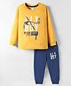 Taeko Single Jersey Knit Full Sleeves T-Shirt and Lounge Pants Set with Fly Text Print - Yellow & Navy Blue