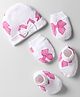 Bonfino 100% Cotton Cap Mittens & Booties Set With Bow Print White & Pink - Diameter 11 cm