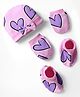 Bonfino 100% Cotton Knit Cap Mittens & Booties With Heart Print Pink - Diameter 11 cm
