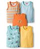 Babyhug 100% Cotton Knit Antibacterial Sando with Stripes Vehicle & Animal Print Pack of 5 - Blue Orange & Yellow
