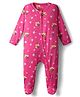 Babyhug Cotton Interlock Knit Full Sleeves Footed Sleep Suit with Honey Bee Floral & Heart Print - Pink