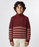 Primo Gino 100% Cotton Knit Full Sleeves High Neck Sweater with Zipper and Stripes - Burgandy