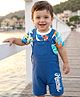 Babyhug Single Jersey Knit Dungaree & Half Sleeves T-Shirt With Floral & Leaf Print - Blue
