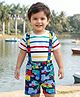 Babyhug Single Jersey Knit Half Sleeves T-Shirt & Shorts Set With Stripes & Vehicle Print - White & Navy Blue