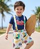 Babyhug Single Jersey Knit Half Sleeves T-Shirt & Shorts Set With Surfing Print & Attached Suspender - Blue & White