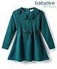 Babyoye Knit Full Sleeves Woolen Dress With Floral Applique & Belt - Teal Blue