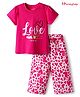Honeyhap Premium 100% Cotton Knit Half Sleeves Capri Night Suit with Bio Finish & Heart Print - Cabaret & Bright White