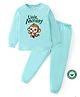 BLUSHES 100% Cotton Knit Full Sleeves Little Monkey Printed Night Suit Set - Sea Green