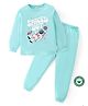 BLUSHES 100% Cotton Knit Full Sleeves Space Theme Printed Night Suit Set - Sea Green