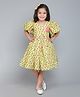 PinkChick Cotton Woven Half Balloon Sleeves Hearts Printed & Applique Detailed Cut Out Dress With Bow Clip Set - Green
