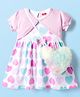 Babyhug Single Jersey Knit Half Sleeves Shrug with Frock with Heart Print Bow Applique & Sling Bag - Pink White & Light Blue