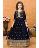 Lagorii Chiffon Woven Three Fourth Sleeves Swirl Floral & Zari Embroidered Sequin Embellished Ethnic Gown With Pant & Dupatta Set - Navy Blue