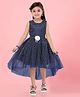 Aarika Net Woven Sleeveless Polka Dots Printed Floral Applique Detailed High Low Dress - Navy Blue