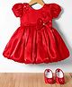 Bluebell Tissue Woven Half Sleeves Party Frock With Bow Applique & Booties - Red