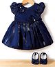 Bluebell Tissue Woven Half Sleeves Party Frock With Bow Applique & Booties - Navy Blue
