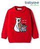 Babyoye Knitted Full Sleeves Pullover Sweater With Animal Embroidery - Red