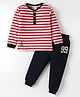 Lazy Bones Interlock Knit Full Sleeves Henley Neck Striped T-Shirt & Lounge Pant Set - Red & Navy Blue