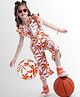 OLLINGTON ST. Looper Knit Frill Sleeves Jumpsuit With Tropical Print - Orange & White