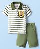 Babyhug Single Jersey Knit Half Sleeves Striped Polo T-Shirt & Shorts Set With Lion Applique - White & Olive Green
