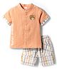 Babyhug 100% Cotton Woven Half Sleeves Mandarin Collar Bear Printed Shirt & Shorts Set With Checks - Peach