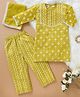 Desi Soota Cotton Woven Three Fourth Sleeves Floral & Chevron Printed Kurta & Coordinating Pant With Dupatta Set - Mustard