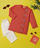 Desi Soota Cotton Woven Full Sleeves Leaves Embroidered Kurta & Pyjama Set - Peach