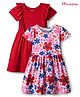 Honeyhap 100% Premium Cotton Knit With Bio Finish Half Sleeves Frocks With Floral Print & Frill Detailing Pack of 2 - Bright White & Barbados Cherry