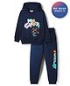 Primo Gino Cotton French Terry Oversized Drop Shoulder Full Sleeves Hooded T-Shirt & Jogger Pant Set With Text Print - Navy Blue