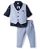 Mini Taurus Cotton Knit Full Sleeves Animal & Car Printed 3 Piece   Party Suit with Attached Bow - Light Blue & Navy Blue