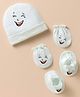 Bubble Pop Cotton Knit Cap Mitten & Booties Set With Smile Print White - Diameter 9 cm