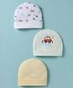 Bubble Pop Cotton Knit Baby Caps with Car Print Pack of 3 White Cream & Offwhite - Diameter 9 cm