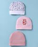 Bubble Pop Cotton Knit Baby Caps with Floral & Teddy Print Pack of 3 Pink & White - Diameter 9 cm