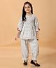 MASTARANG Cotton Woven Three Fourth Sleeves Checked & Heart Embroidered Indo Western Peplum Top & Pant Set - White
