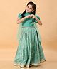 MASTARANG Woven Half Puffed Sleeves Floral & Polka Dots Foil Printed Pleated Lehenga Choli With Dupatta Set - Light Green