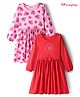 Honeyhap Premium 100% Cotton Knit Full Sleeves Frock With Bio Finish & Floral Print Pack Of 2 - Light Pink & Red