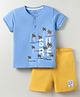 CUCUMBER Sinker Knit Half Sleeves Henley Neck T-Shirt & Shorts Set With Beach Theme Print - Blue & Yellow