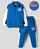 Primo Gino 100% Cotton French Terry Oversized Drop Shoulder Full Sleeves Color Block High Neck Zipper Sweatshirt and Jogger Set with Kangaroo Pockets Chelsea Text Print - White & Blue