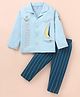 CUCUMBER Sinker Knit Full Sleeves Night Suit With Stripes & Nautical Theme Print - Light Blue & Teal Blue
