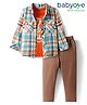 Babyoye 100% Cotton Woven  Full Sleeves Checks Shirt T-Shirt & Trouser Set - White Brown & Orange