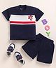 Little Marine Cotton Knit Half Sleeves NYC Text Printed Colour Blocked Tee & Shorts Set - Navy Blue