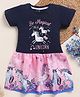 Little Marine Cotton Blend Knit Half Sleeves Be Magical Text & Unicorns Printed Dress - Navy Blue & Pink