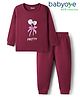 Babyoye Cotton Blend Knit Full Sleeves Thermal Wear Set with Floral Print - Wine