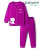 Babyoye Cotton Modal Super Soft Blend Solid Dyed Full Sleeves Front Open Thermal Inner Wear Set with Kitty Print - Purple