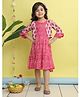 Kinder Kids Cotton Woven Leheriya Printed Dress With Three Fourth Peasant Sleeves Jacket Set - Pink