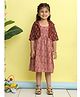 Kinder Kids Cotton Woven Striped Dress With Three Fourth Sleeves Floral Printed Jacket - Maroon