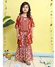 Kinder Kids Cotton Woven Striped & Floral Printed Top & Sharara With Three Fourth Sleeves Jacket Set - Red