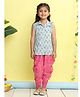 Kinder Kids Cotton Woven Sleeveless Leheriya & Floral Printed Kurti & Dhoti Set - Green & Pink