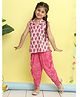 Kinder Kids Cotton Woven Sleeveless Leheriya & Floral Printed Kurti & Dhoti Set - Pink