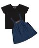ShopperTree Denim Woven Washed & Floral Embroidered Pinafore Dress With Tee Set - Blue & Black