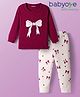 Babyoye Cotton Blend Full Length Thermal Inner Wear Set with Bow Print - Wine & White